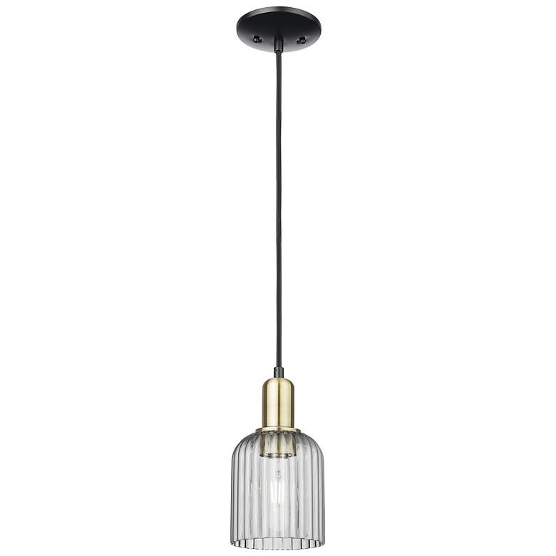 Image 1 Bridal Veil 5"W Black Brass Cord Mini Pendant With Light Smoke Shade