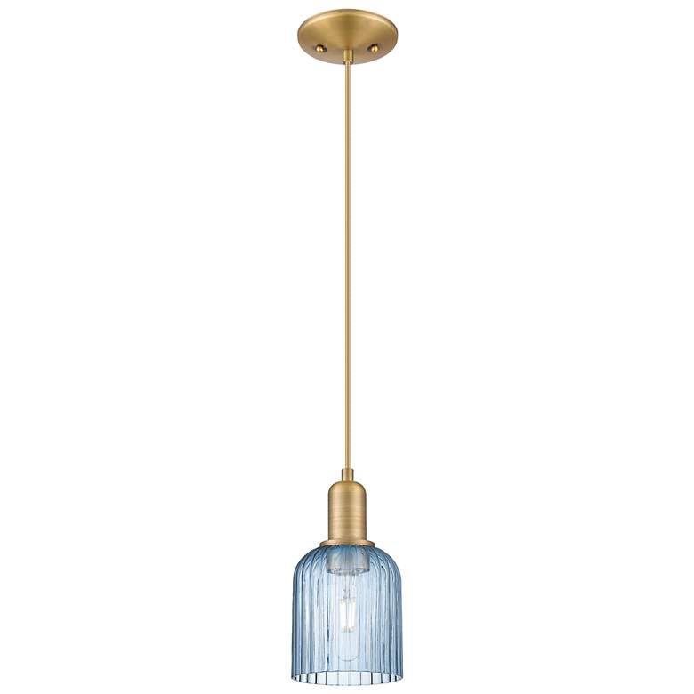 Image 1 Bridal Veil 5"W Brushed Brass Cord Hung Mini Pendant With Blue Shade