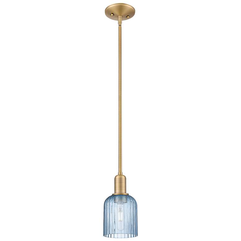 Image 1 Bridal Veil 5"W Brushed Brass Stem Hung Mini Pendant With Blue Shade