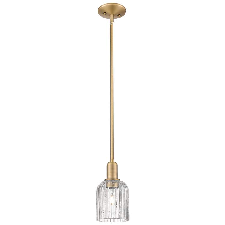 Image 1 Bridal Veil 5"W Brushed Brass Stem Hung Mini Pendant With Clear Shade