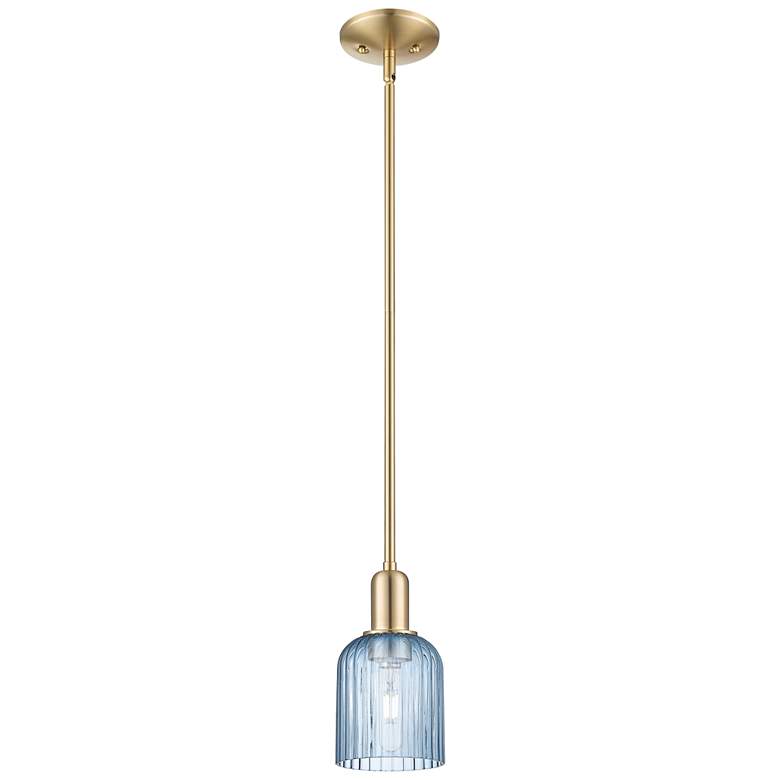 Image 1 Bridal Veil 5"W Champagne Bronze Stem Hung Mini Pendant With Blue Shade