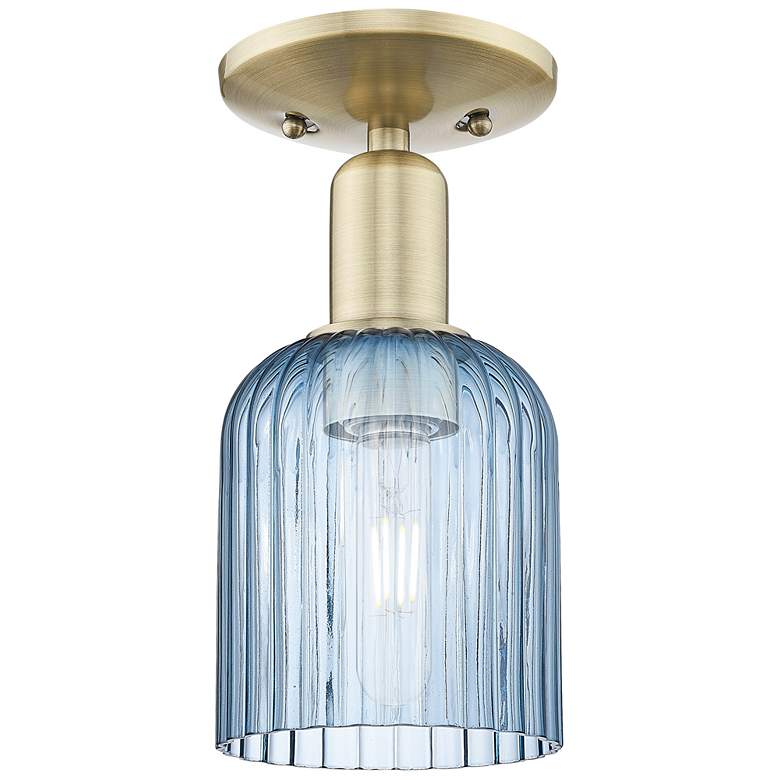 Image 1 Bridal Veil 5" Wide Antique Brass Semi-Flush Mount With Blue Shade