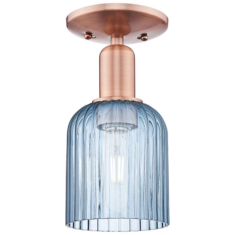 Image 1 Bridal Veil 5" Wide Antique Copper Semi-Flush Mount With Blue Shade