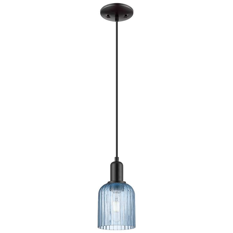 Image 1 Bridal Veil 5" Wide Matte Black Cord Hung Mini Pendant With Blue Shade