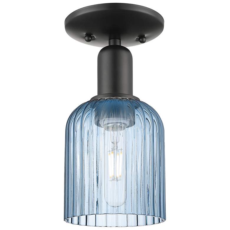Image 1 Bridal Veil 5" Wide Matte Black Semi-Flush Mount With Blue Shade