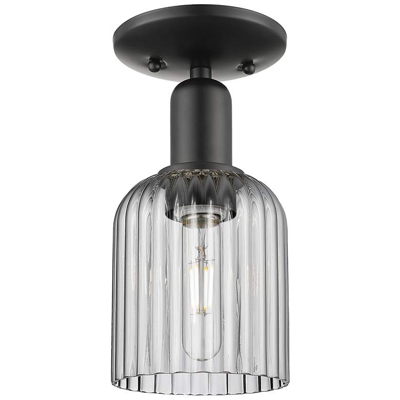 Image 1 Bridal Veil 5" Wide Matte Black Semi-Flush Mount With Light Smoke Shade