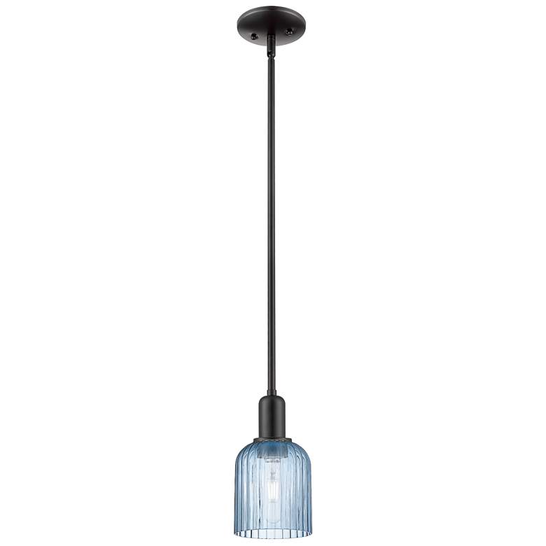 Image 1 Bridal Veil 5" Wide Matte Black Stem Hung Mini Pendant With Blue Shade
