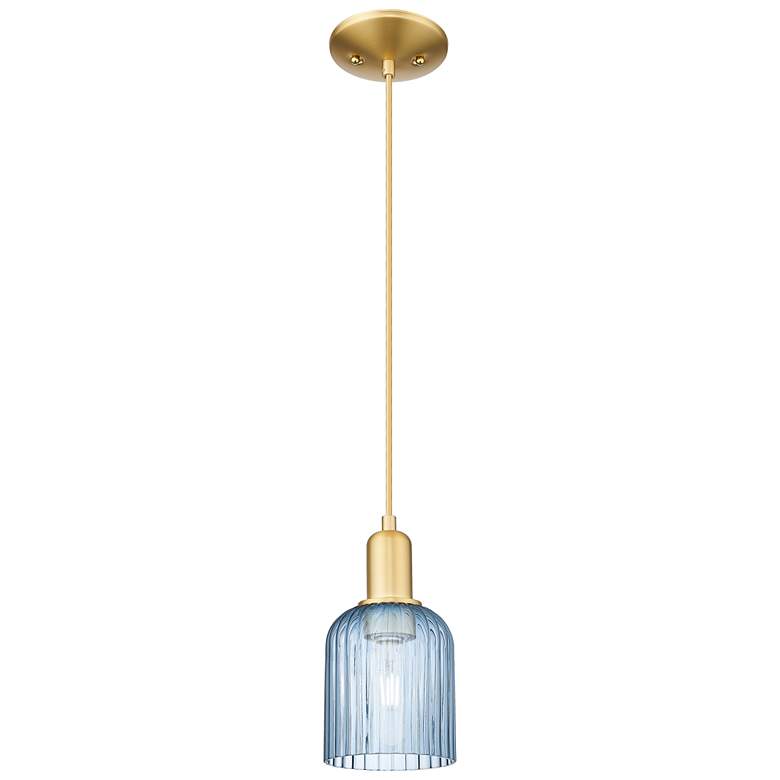 Image 1 Bridal Veil 5" Wide Satin Gold Cord Hung Mini Pendant With Blue Shade