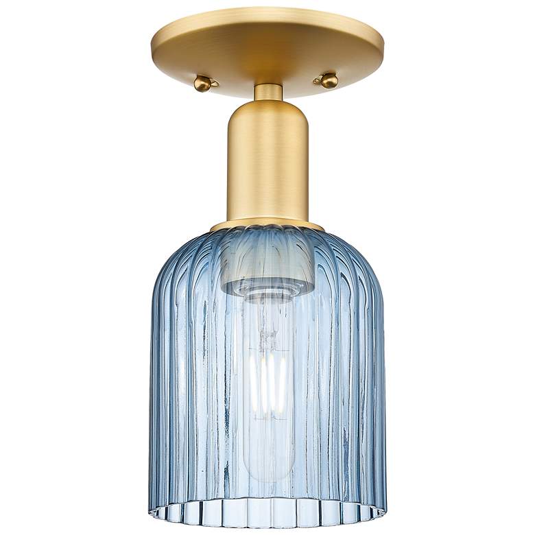 Image 1 Bridal Veil 5" Wide Satin Gold Semi-Flush Mount With Blue Shade