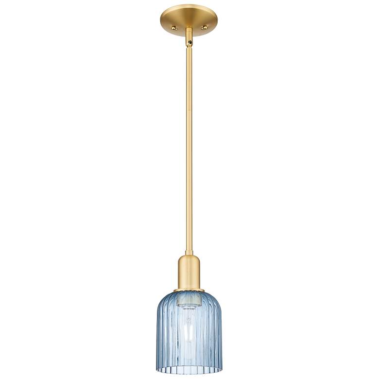 Image 1 Bridal Veil 5" Wide Satin Gold Stem Hung Mini Pendant With Blue Shade