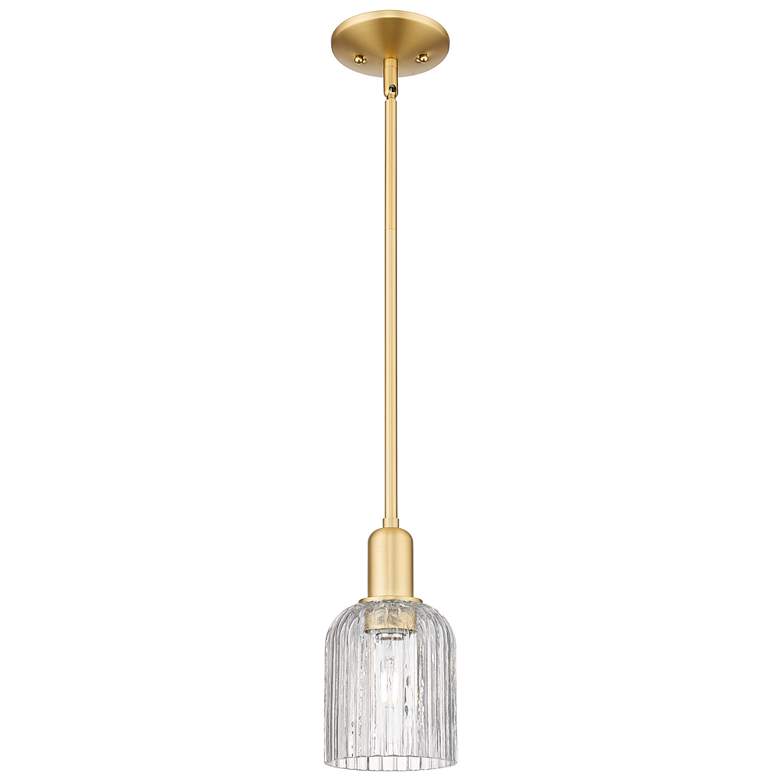 Image 1 Bridal Veil 5" Wide Satin Gold Stem Hung Mini Pendant With Clear Shade