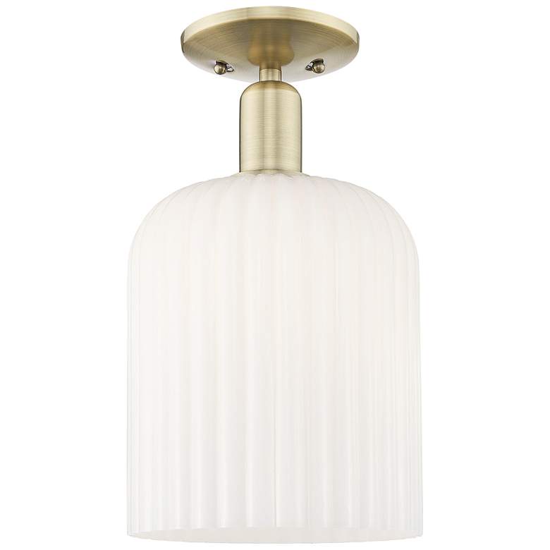 Image 1 Bridal Veil 8"W Antique Brass Semi-Flush Mount With Gloss White Shade