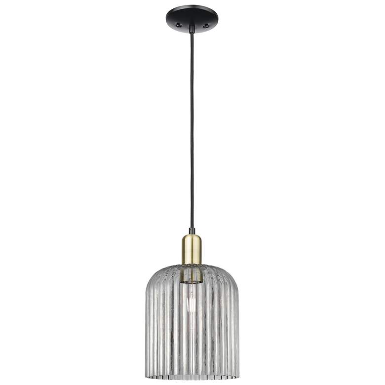 Image 1 Bridal Veil 8"W Black Brass Cord Mini Pendant With Light Smoke Shade