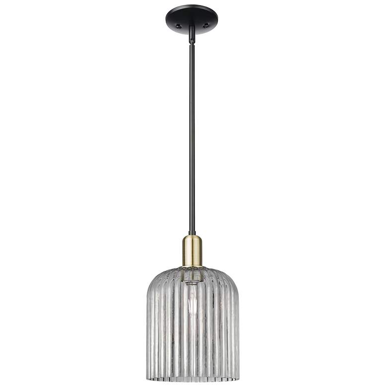 Image 1 Bridal Veil 8"W Black Brass Stem Mini Pendant With Light Smoke Shade