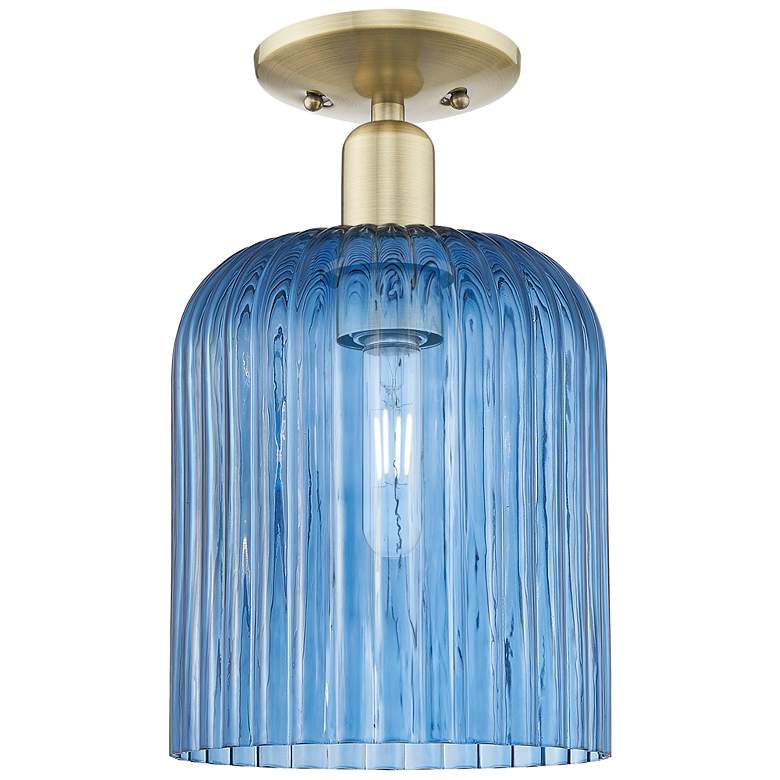 Image 1 Bridal Veil 8" Wide Antique Brass Semi-Flush Mount With Blue Shade