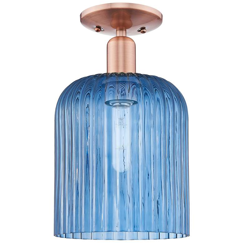 Image 1 Bridal Veil 8" Wide Antique Copper Semi-Flush Mount With Blue Shade