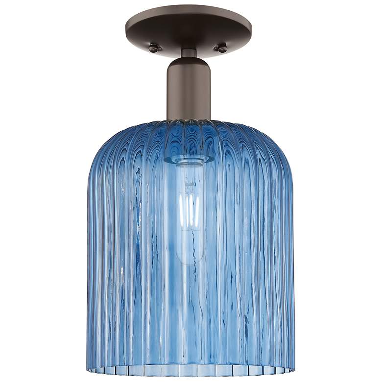 Image 1 Bridal Veil 8" Wide Oil Rubbed Bronze Semi-Flush Mount With Blue Shade