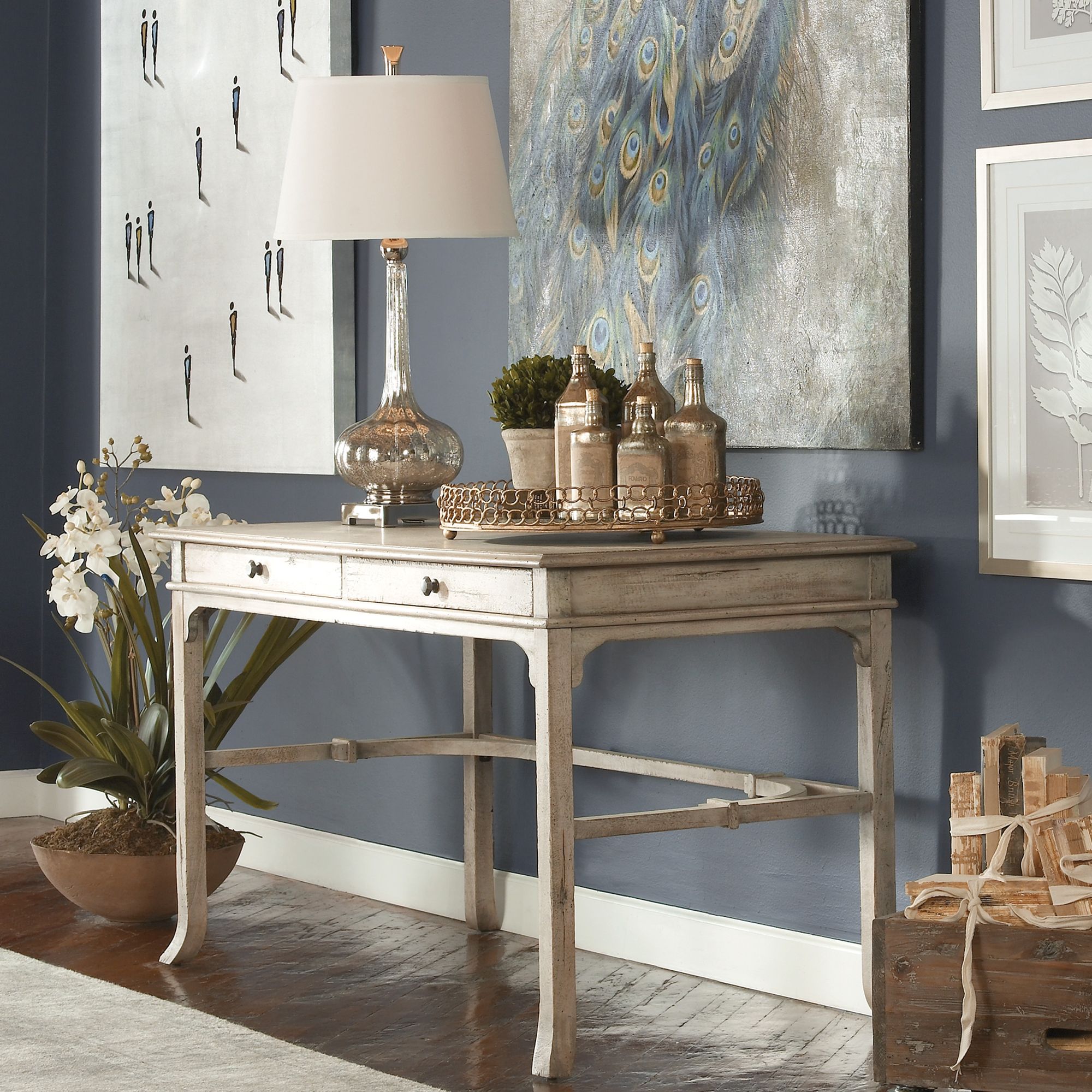 Image 4 Bridgely 52" Wide Aged White Finish Wood Writing Desk more views
