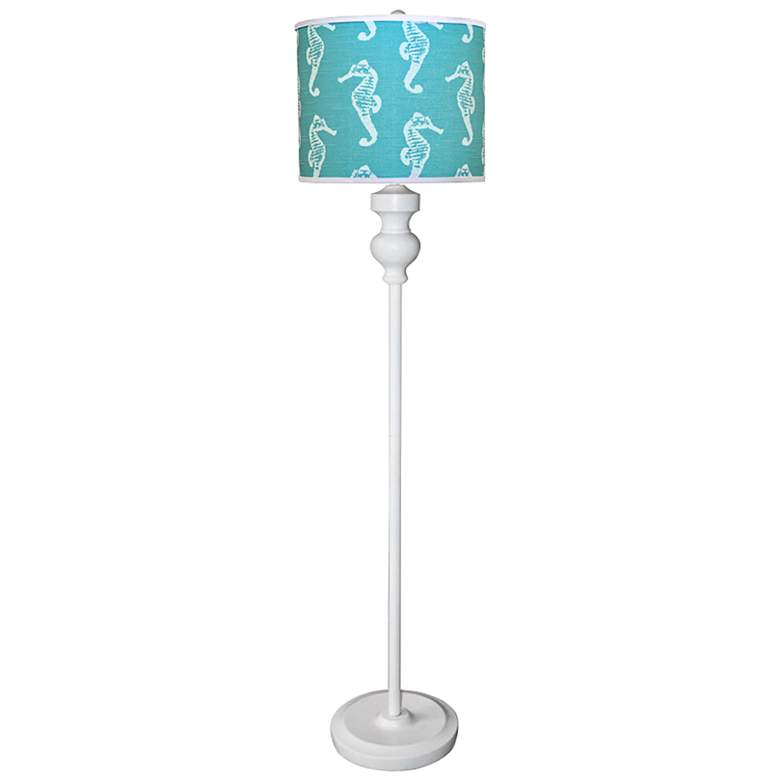 Image 1 Bridgeport White Floor Lamp with Aqua Sea Horses Shade