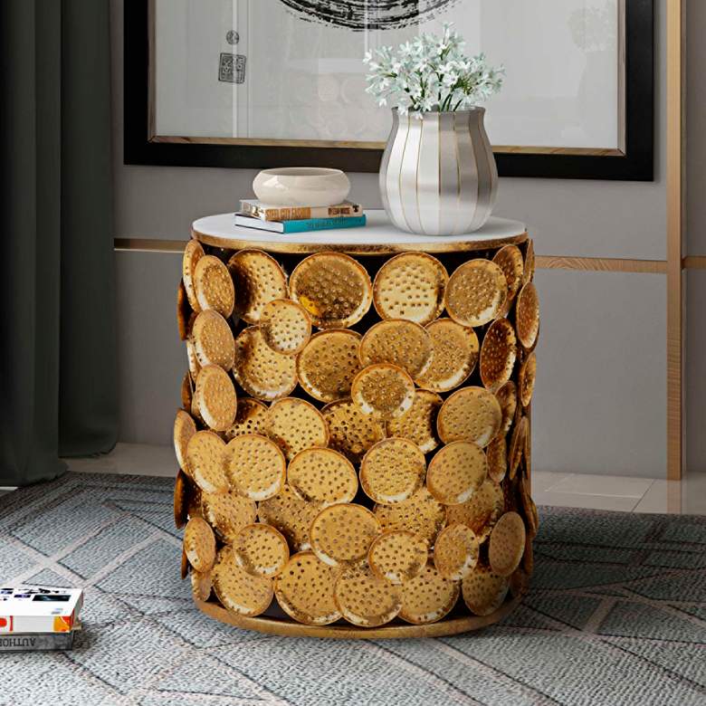 Image 1 Brie Round Marble Top Side Table with Gold Discs Base