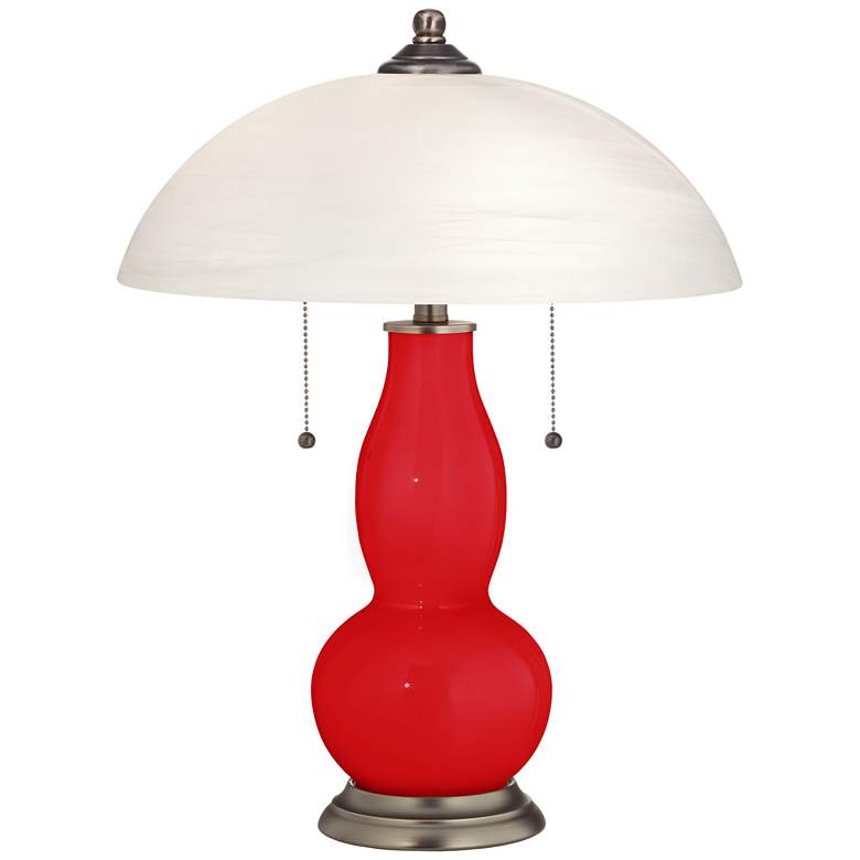 Bright Red Gourd-Shaped Table Lamp with Alabaster Shade