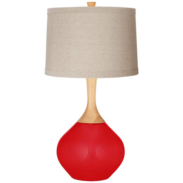 Image 1 Bright Red Natural Linen Drum Shade Wexler Table Lamp