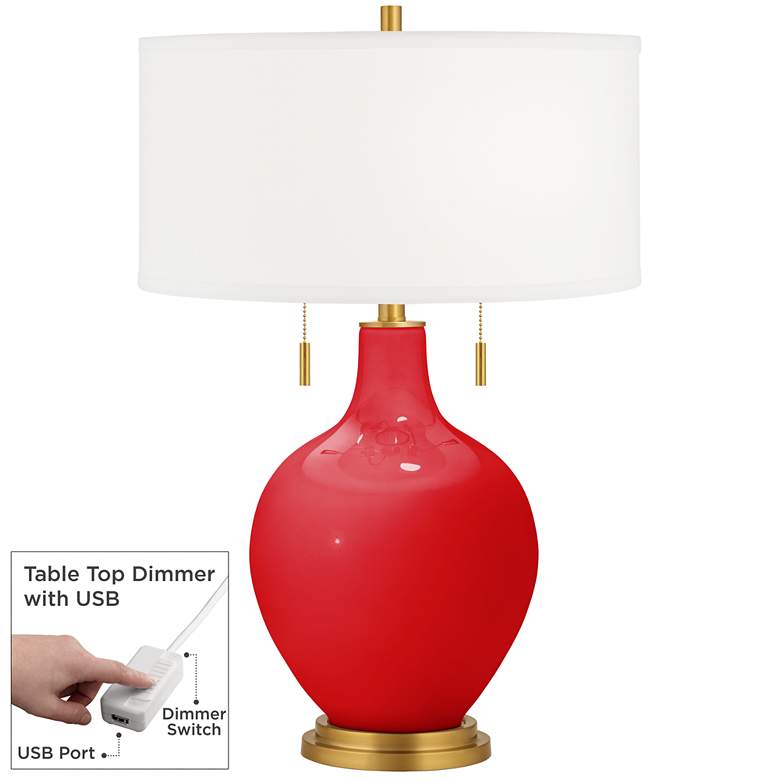 Bright Red Toby Brass Accents Table Lamp with Dimmer
