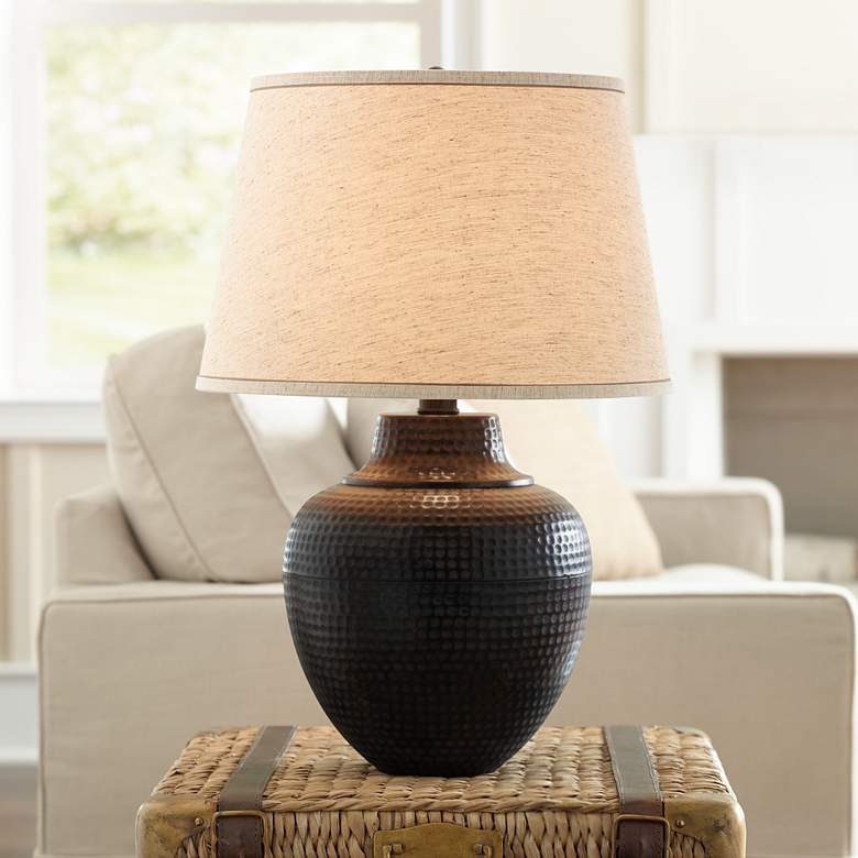 Image 1 Brighton Hammered Pot Bronze Table Lamp with 9W LED Bulb