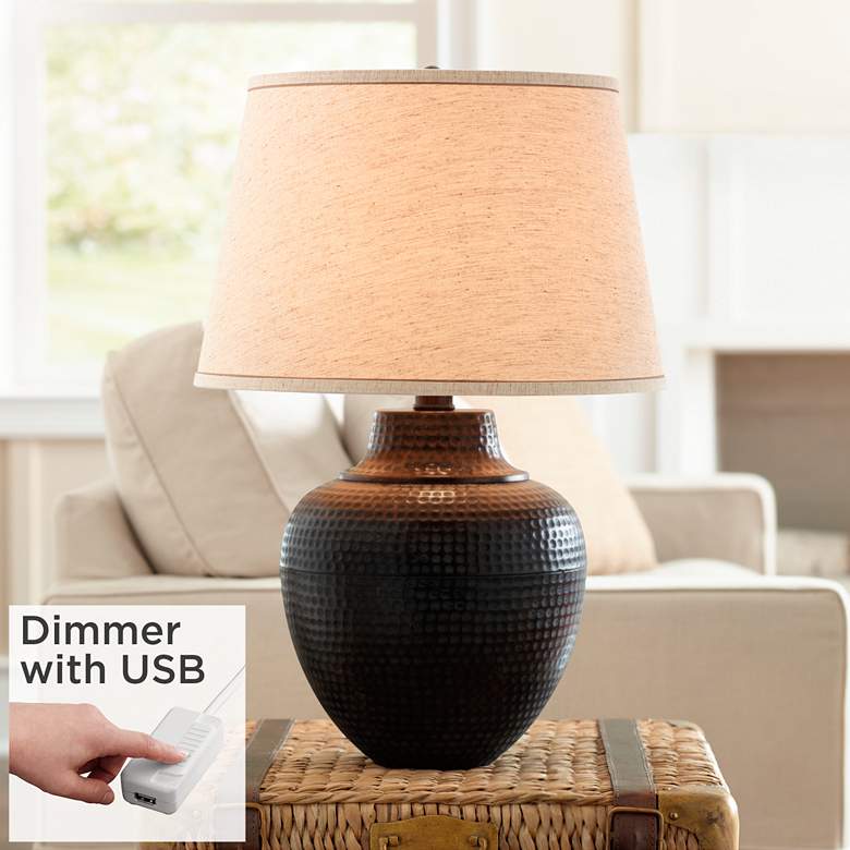 Brighton Hammered Pot Bronze Table Lamp With USB Dimmer