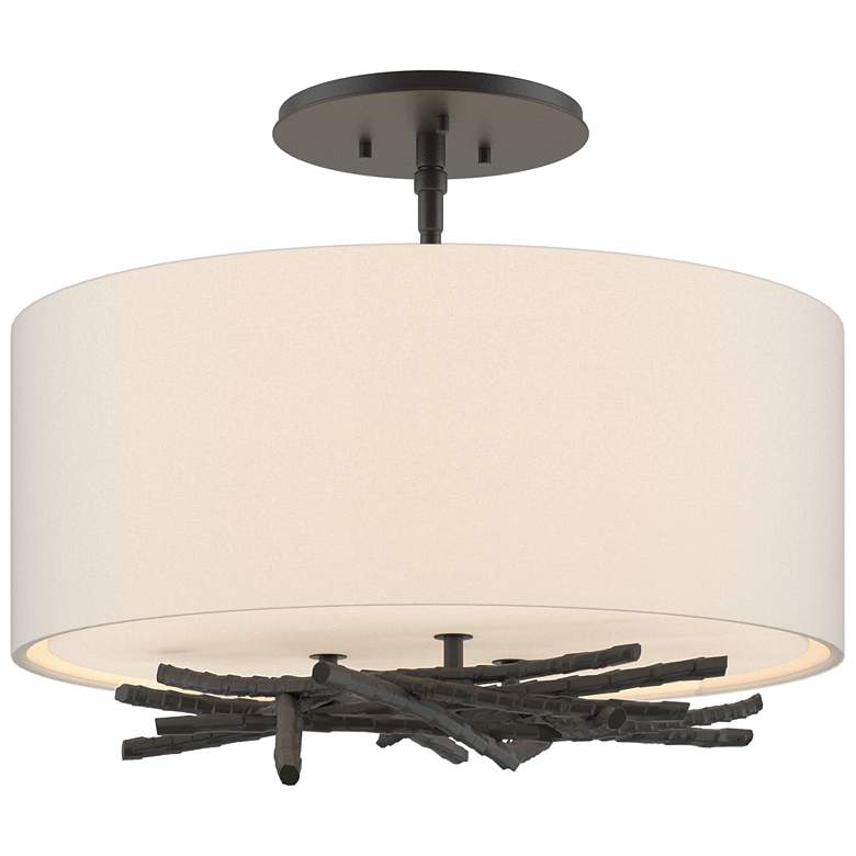 Image 1 Brindille 15" Wide Black Semi-Flush With Flax Shade
