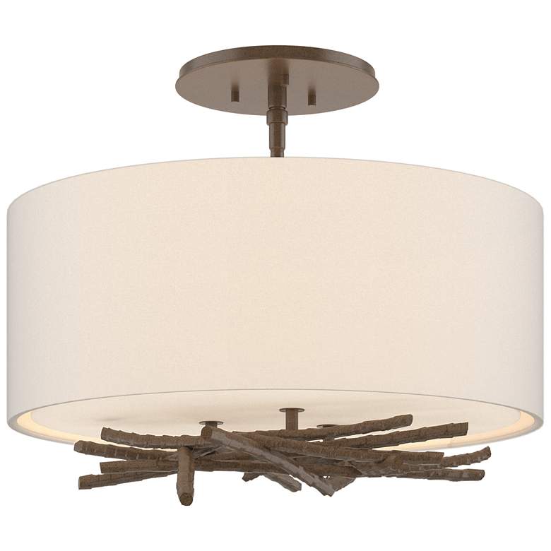 Image 1 Brindille 15 inch Wide Bronze Semi-Flush With Flax Shade
