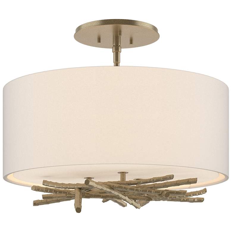 Image 1 Brindille 15" Wide Soft Gold Semi-Flush With Flax Shade