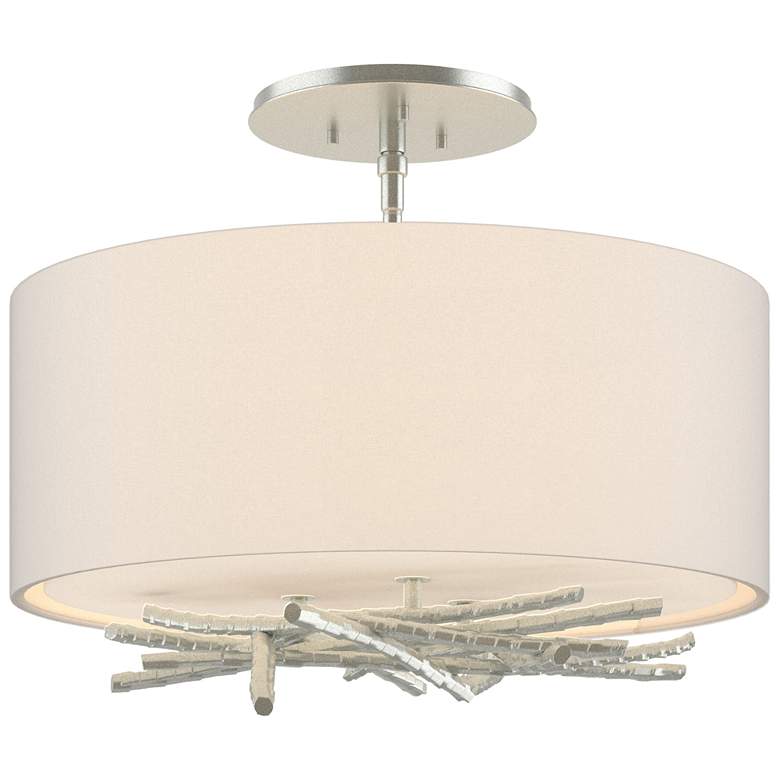 Image 1 Brindille 15" Wide Vintage Platinum Semi-Flush With Flax Shade