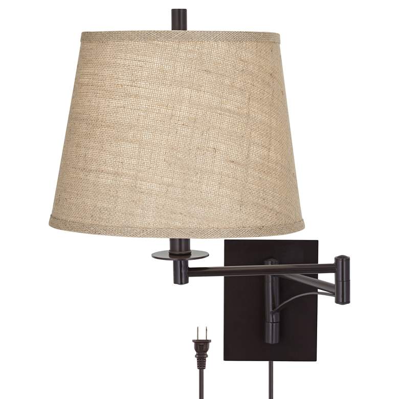 Image 2 Brinly Plug-In Swing Arm Wall Lamp with Brown Burlap Shade