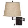 Brinly Plug-In Swing Arm Wall Lamp with Brown Burlap Shade
