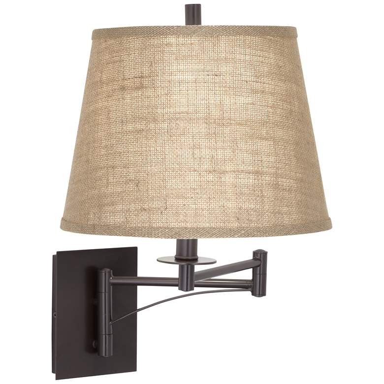 Image 5 Brinly Plug-In Swing Arm Wall Lamp with Brown Burlap Shade more views