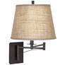 Brinly Plug-In Swing Arm Wall Lamp with Brown Burlap Shade