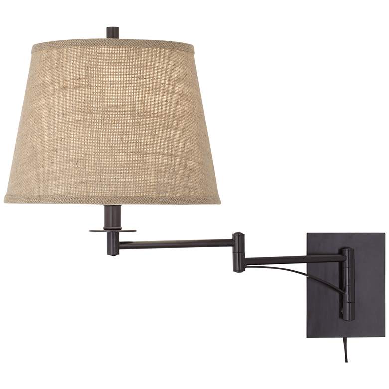 Brinly Plug-In Swing Arm Wall Lamp with Brown Burlap Shade more views