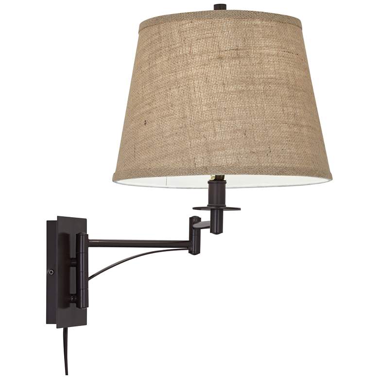 Image 7 Brinly Plug-In Swing Arm Wall Lamp with Brown Burlap Shade more views