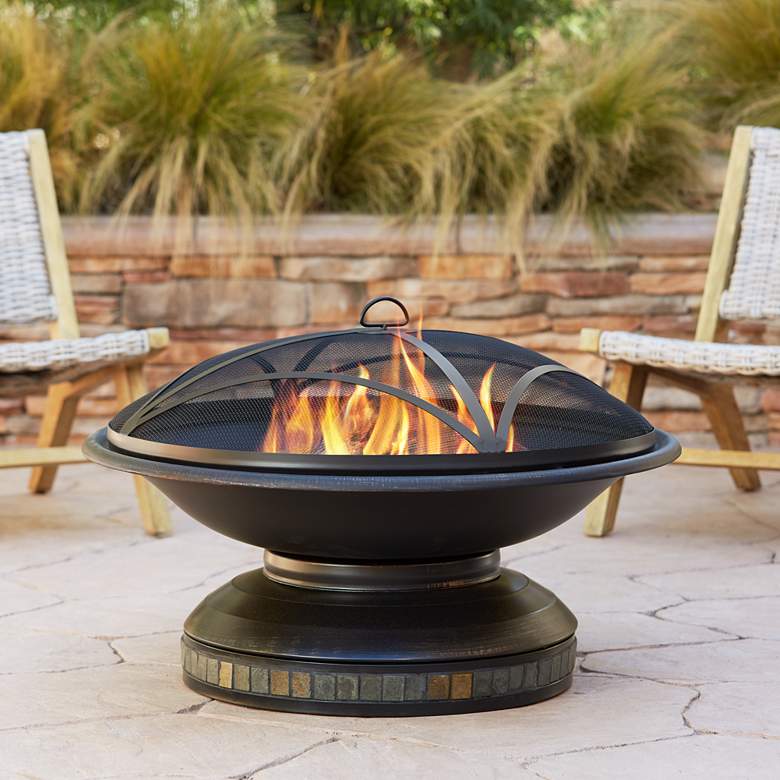 Bristol 35&quot; Round Steel and Slate Outdoor Fire Pit