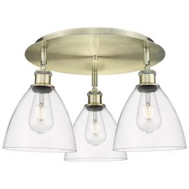 Bristol Glass 19.25"W 3 Light Antique Brass Flush Mount w/ Clear Shade Bristol Glass 19.25"W 3 Light Antique Brass Flush Mount w/ Clear Shade