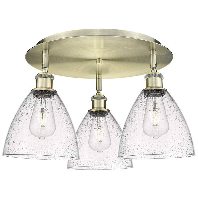 Image 1 Bristol Glass 19.25"W 3 Light Antique Brass Flush Mount w/ Seedy Shade