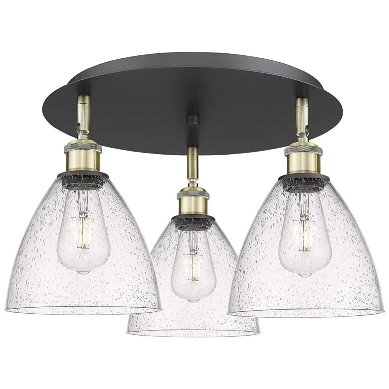 Image 1 Bristol Glass 19.25"W 3 Light Black Brass Flush Mount w/ Seedy Shade