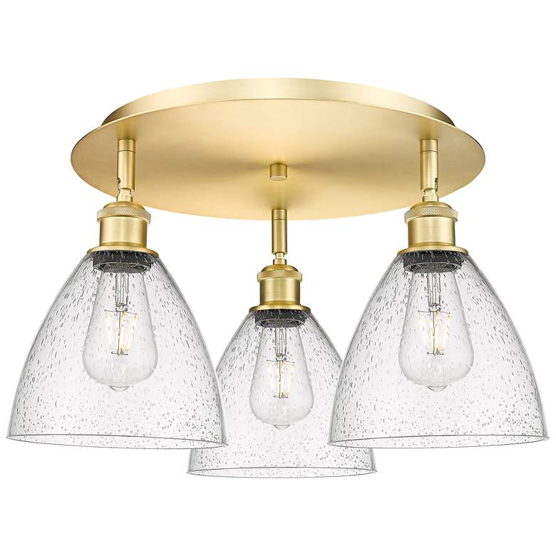 Image 1 Bristol Glass 19.25"W 3 Light Satin Gold Flush Mount With Seedy Glass