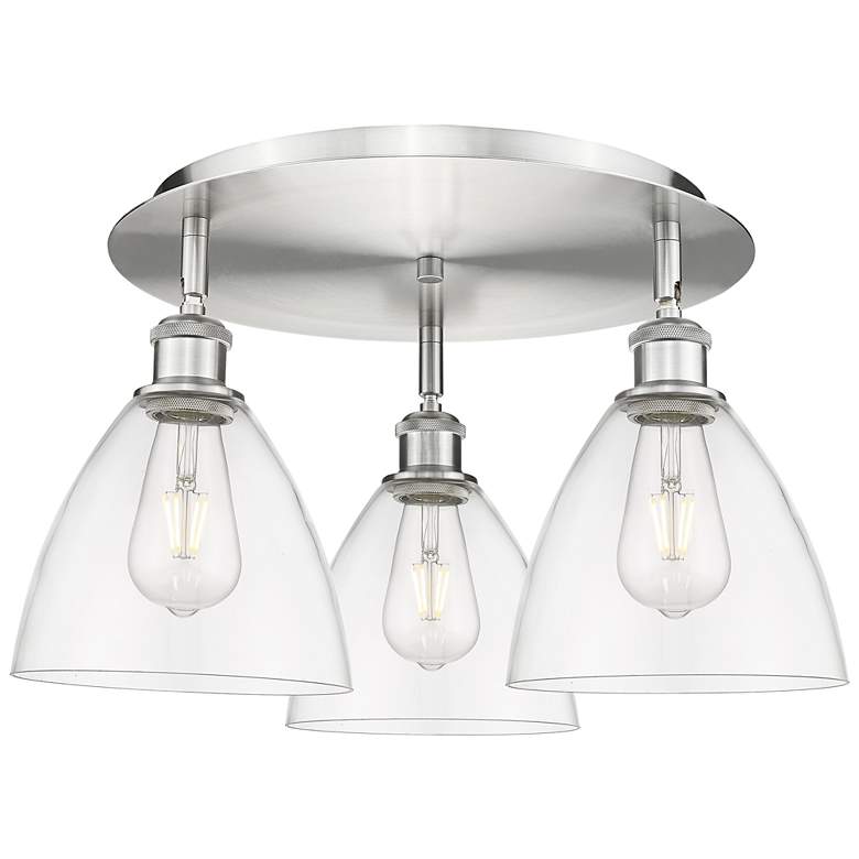 Image 1 Bristol Glass 19.25"W 3 Light Satin Nickel Flush Mount w/ Clear Glass