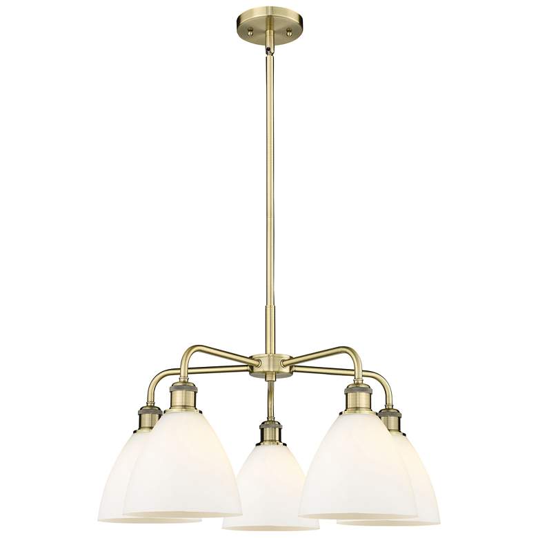 Image 1 Bristol Glass 25.5"W 5 Light Antique Brass Stem Chandelier w/ White Sh