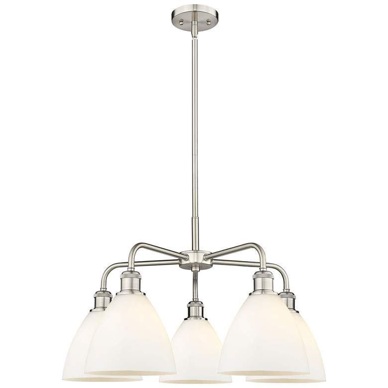 Image 1 Bristol Glass 25.5"W 5 Light Satin Nickel Stem Chandelier w/ White Sha