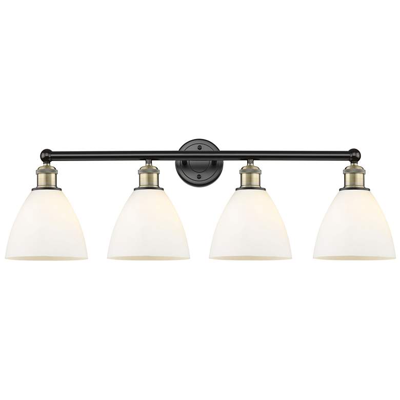 Image 1 Bristol Glass 34.5"W 4 Light Black Brass Bath Light With White Shade