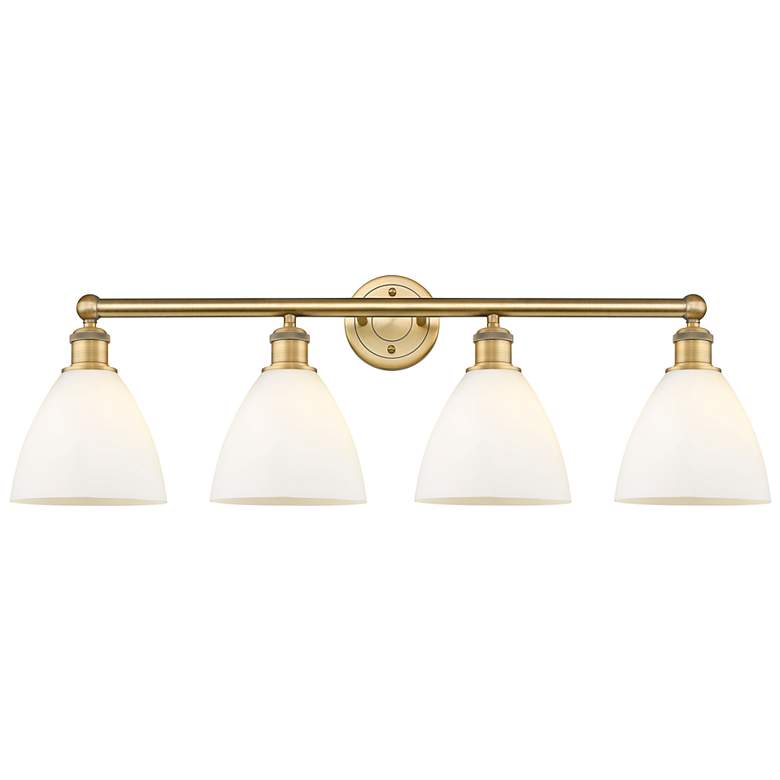 Image 1 Bristol Glass 34.5"W 4 Light Brushed Brass Bath Light With White Shade