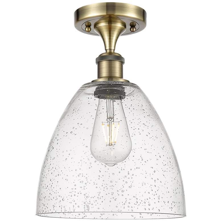 Image 1 Bristol Glass 9" LED Semi-Flush Mount - Antique Brass - Seedy Shade